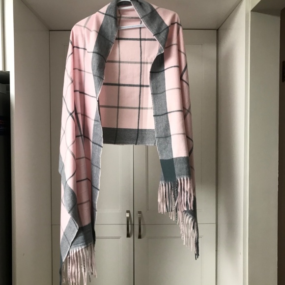 Pink and Grey Plaid Winter Shawl, Wrap, Scarf - Picture 2 of 4